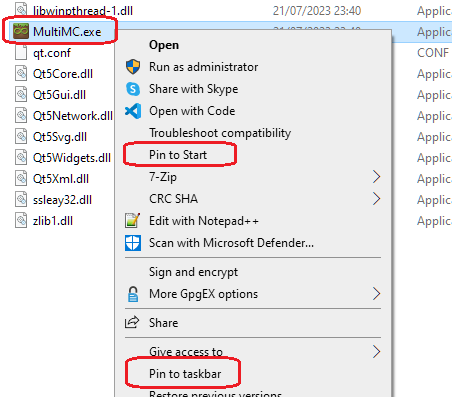 pin multimc to taskbar or start menu